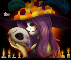 Size: 2224x1859 | Tagged: safe, artist:clouddg, derpibooru import, catrina, fluttershy, equestria girls, cempasúchil, dia de los muertos, eyes closed, makeup, skull