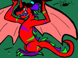 Size: 2048x1536 | Tagged: safe, artist:artmama113, derpibooru import, oc, oc only, oc:sebastian, oc:yaoilover, dragon, fox, censored vulgarity, dragon oc, dragoness, dragonified, female, green background, macro, simple background, size difference, species swap, spread wings, talking, transformation, vulgar, wings