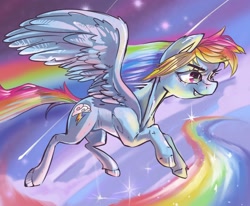 Size: 2000x1647 | Tagged: safe, artist:paskylizart, derpibooru import, rainbow dash, pegasus, pony, character, drawing, fanart, flying, painting, rainbow, sky, sonic rainboom