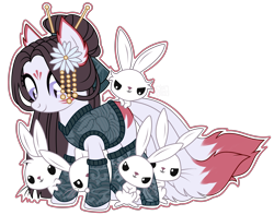 Size: 4144x3264 | Tagged: safe, artist:elberass, derpibooru import, oc, oc only, oc:yuki cheri, earth pony, pony, rabbit, animal, clothes, coat markings, cute, female, flower, flower in hair, fox tail, hairpin, kitsune, looking at something, looking down, mare, multiple tails, simple background, slit eyes, smiling, socks, solo, transparent background, vest, yukata