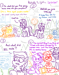 Size: 4779x6013 | Tagged: safe, artist:adorkabletwilightandfriends, derpibooru import, amethyst star, apple bloom, scootaloo, sparkler, sweetie belle, twilight sparkle, twilight sparkle (alicorn), oc, oc:lawrence, oc:trevor, alicorn, comic:adorkable twilight and friends, adorkable, adorkable twilight, carving, cloud, comic, contest, cute, cutie mark crusaders, dork, female, filly, friendship, glasses, halloween, hmm, holiday, humor, innocent, judge, knife, library, necktie, outdoors, overcast, pumpkin, silly, sitting, slice of life, unamused