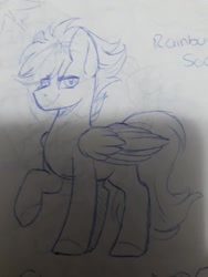 Size: 720x960 | Tagged: safe, artist:silentwolf-oficial, derpibooru import, oc, oc only, oc:storm cloud, pegasus, pony, grayscale, lineart, male, monochrome, offspring, parent:rainbow dash, parent:soarin', parents:soarindash, pegasus oc, raised hoof, solo, stallion, traditional art, wings