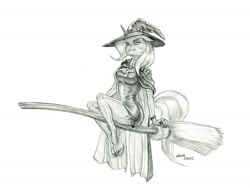 Size: 1400x1052 | Tagged: safe, artist:baron engel, derpibooru import, trixie, anthro, unguligrade anthro, unicorn, broom, cloak, clothes, dress, female, flying, flying broomstick, grayscale, halloween, hat, holiday, mare, monochrome, pencil drawing, short dress, solo, traditional art, witch, witch hat