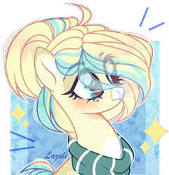 Size: 1310x1354 | Tagged: safe, artist:lazuli, derpibooru import, oc, oc only, earth pony, pony, bust, clothes, commission, earth pony oc, eye clipping through hair, eyelashes, scarf, signature, simple background, solo, transparent background, ych result