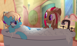 Size: 3096x1855 | Tagged: safe, artist:al-lat, derpibooru import, oc, oc only, oc:june blaze, oc:machiko, earth pony, pegasus, pony, bath, bathtub, bedroom eyes, bubble, commission, eye scar, eyebrow piercing, female, grin, lesbian, looking at each other, oc x oc, open mouth, piercing, scar, shipping, smiling, soap bubble, water, ych result