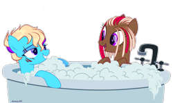 Size: 3096x1855 | Tagged: safe, alternate version, artist:al-lat, derpibooru import, oc, oc only, oc:june blaze, oc:machiko, earth pony, pegasus, pony, bath, bathtub, bedroom eyes, bubble, commission, eye scar, eyebrow piercing, female, grin, lesbian, looking at each other, oc x oc, open mouth, piercing, scar, shipping, simple background, smiling, soap bubble, transparent background, water, ych result