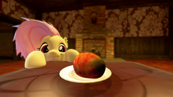 Size: 1600x900 | Tagged: safe, artist:wapamario63, fluttershy, bat pony, pony, 3d, cute, flutterbat, food, gmod, looking at something, mango, plate, solo, table
