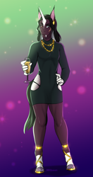 Size: 2442x4630 | Tagged: safe, artist:blackblood-queen, oc, oc only, oc:demetrius crow, anthro, bat pony, hybrid, unguligrade anthro, unicorn, abstract background, anthro oc, backlighting, bat pony unicorn, beautiful, beautisexy, breasts, champagne, clothes, coat markings, delicious flat chest, digital art, dress, ear piercing, earring, fangs, female, glass, gradient background, hand on hip, heterochromia, hoof shoes, hooves, horn, jewelry, legs, little black dress, looking at you, mare, necklace, piercing, scar, sexy, slit eyes, socks (coat marking), solo, star (coat marking), thighs, wide hips, wine glass