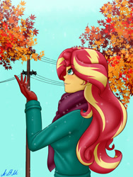 Size: 1500x2000 | Tagged: safe, artist:albertbm, sunset shimmer, equestria girls, clothes, female, gloves, scarf, snow, snowfall, solo, winter