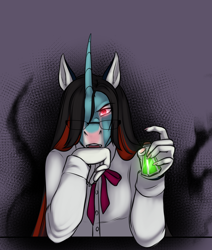 Size: 1466x1727 | Tagged: safe, artist:blackblood-queen, oc, oc only, oc:annie belle, anthro, dracony, unguligrade anthro, unicorn, anthro oc, clothes, digital art, fangs, female, glasses, glowing eyes, hair bow, mare, potion, serious face, slit eyes, solo, unamused, unicorn oc