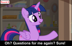 Size: 1920x1225 | Tagged: safe, derpibooru import, twilight sparkle, twilight sparkle (alicorn), alicorn, comic:celestia's servant interview, uncommon bond, antique store, caption, cs captions, female, happy, horn, interview, mare, raised hoof, solo, wings