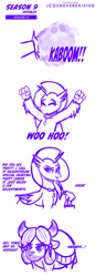Size: 800x2293 | Tagged: safe, artist:jcosneverexisted, derpibooru import, silverstream, yona, hippogriff, yak, season 9 doodles, uprooted, angry, dialogue, female, paint, party cannon, simpsons did it, the joker