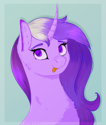 Size: 2786x3294 | Tagged: safe, artist:nyota71, derpibooru import, oc, oc only, oc:stardust, pony, unicorn, :p, bust, cheek fluff, chest fluff, colored pupils, commission, curved horn, ear fluff, female, fluffy, horn, long hair, mare, portrait, solo, tongue out