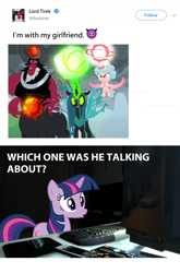 Size: 1152x1748 | Tagged: safe, derpibooru import, edit, edited screencap, screencap, cozy glow, lord tirek, queen chrysalis, twilight sparkle, unicorn twilight, alicorn, centaur, changeling, changeling queen, unicorn, the ending of the end, computer, evil, female, glowing horn, horn, keyboard, magic, magic aura, male, meta, nose piercing, nose ring, piercing, race swap, twitter