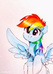 Size: 2180x3049 | Tagged: safe, artist:liaaqila, derpibooru import, rainbow dash, pegasus, pony, chest fluff, female, mare, simple background, smiling, solo, spread wings, traditional art, white background, wings, wip