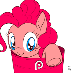 Size: 3000x3000 | Tagged: safe, artist:tomtornados, derpibooru import, pinkie pie, earth pony, pony, bucket, looking at you, simple background, smiling, target (store), underhoof, white background