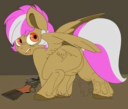 Size: 3500x3000 | Tagged: safe, artist:the-narrator, derpibooru import, oc, oc:trotski, pegasus, pony, fallout equestria, cutie mark, flustered, frog (hoof), from behind, hooves, looking at you, scared, simple background, solo, two toned mane, two toned wings, underhoof, watermark, wings
