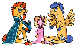 Size: 1280x800 | Tagged: safe, artist:kindheart525, derpibooru import, flash sentry, luster dawn, sunburst, pegasus, unicorn, the last problem, auraverse, father and child, father and daughter, female, flashburst, gay, magical gay spawn, male, offspring, parent and child, shipping, simple background, transparent background