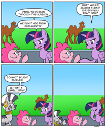 Size: 1001x1200 | Tagged: safe, artist:empyu, derpibooru import, pinkie pie, twilight sparkle, twilight sparkle (alicorn), zecora, alicorn, camel, earth pony, pony, 45 minute art challenge, animal, facepalm, speech bubble