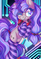 Size: 751x1063 | Tagged: safe, artist:musicfirewind, derpibooru import, oc, oc only, oc:cinnabyte, earth pony, pony, adorkable, bandana, clothes, commission, cute, dork, female, gamer, gaming headset, glasses, headphones, headset, mare, socks, solo, striped socks