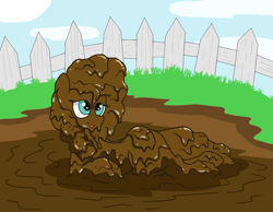 Size: 1400x1088 | Tagged: safe, alternate version, artist:amateur-draw, derpibooru import, pear butter, earth pony, pony, female, lying down, mare, mud, mud bath, muddy, pig pen, simple background, solo, wet and messy