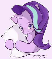 Size: 936x1049 | Tagged: safe, artist:mikey_pony, derpibooru import, starlight glimmer, pony, unicorn, hug, pillow, pillow hug, simple background, smiling, solo, white background