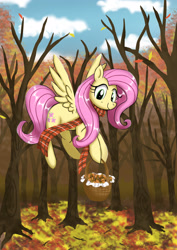 Size: 2480x3508 | Tagged: safe, artist:neoshrek, derpibooru import, fluttershy, pegasus, pony, basket, clothes, cute, dawwww, female, flying, leaves, mare, scarf, shyabetes, smiling, solo, tree