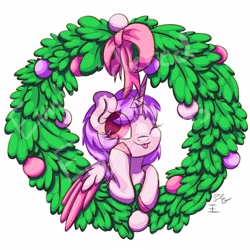 Size: 2500x2500 | Tagged: safe, artist:embroidered equations, derpibooru import, alicorn, pony, :p, bow, christmas, cute, holiday, one eye closed, pink coat, solo, tongue out, wink, wreath, ych example, your character here