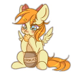 Size: 1200x1200 | Tagged: safe, artist:artistgunya, derpibooru import, oc, oc only, oc:deliambre, pegasus, pony, blushing, bow, cookie, cookie jar, eating, female, food, hair bow, hoof hold, simple background, sitting, white background