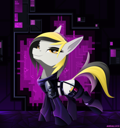 Size: 2500x2674 | Tagged: safe, artist:andaluce, derpibooru import, oc, oc:zealous stripes, earth pony, pony, bodysuit, clothes, cyberpunk, eyeshadow, female, futuristic, lineless, looking at you, makeup, solo, stockings, suit, technology, thigh highs