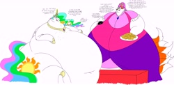 Size: 10510x5110 | Tagged: safe, artist:princebluemoon3, derpibooru import, princess celestia, oc, oc:princess yua priana, alicorn, anthro, fox, pony, absurd resolution, anthro oc, belly, belly button, big belly, bingo wings, butt, chocolate chip cookies, chubby cheeks, chubbylestia, clothes, cookie, crumbs, cup, dress, eating, fat, food, huge belly, huge butt, impossibly large belly, impossibly large butt, large butt, messy eating, morbidly obese, multiple tails, neck fat, obese, simple background, teacup, white background