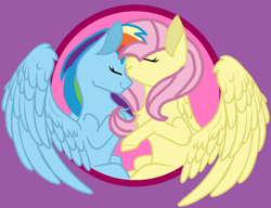 Size: 824x632 | Tagged: safe, artist:circuspaparazzi5678, derpibooru import, fluttershy, rainbow dash, pegasus, pony, base used, female, flutterdash, kiss on the head, lesbian, lesbian ship, multicolored hair, rainbow hair, shipping, smiling