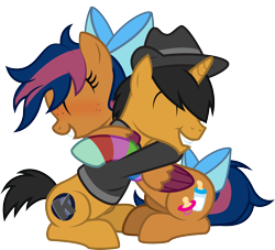 Size: 2444x2221 | Tagged: safe, artist:lightning stripe, derpibooru exclusive, derpibooru import, oc, oc:kaokraft, oc:solar comet, pegasus, pony, unicorn, black mane, black tail, bow, clothes, colt, commission, cute, cutie mark, duo, eyes closed, fedora, grin, hair over one eye, happy, hat, hoodie, horn, hug, male, messy mane, orange coat, pegasus oc, short tail, show accurate, simple background, sitting, smiling, sock, tail bow, transparent background, trap, two toned mane, two toned tail, two toned wings, vector, wings