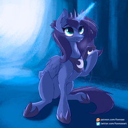 Size: 2048x2048 | Tagged: safe, artist:foxnose, derpibooru import, princess luna, alicorn, original species, pony, abstract background, cellphone, ear fluff, glowing horn, hoof shoes, horn, magic, night, phone, s1 luna, smartphone, solo, wings