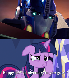 Size: 2000x2250 | Tagged: safe, derpibooru import, twilight sparkle, twilight sparkle (alicorn), alicorn, pony, autobot, caption, crying, cybertronian, episode needed, female, floppy ears, happy 10th anniversary, image macro, male, mare, optimus prime, predacons rising, proud, smiling, sunrise, tears of joy, text, transformers, transformers prime