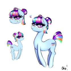 Size: 2000x2000 | Tagged: safe, artist:plaguemare, derpibooru import, oc, oc only, oc:gum, earth pony, pony, bandaid, bangs, blue coat, candy, decora, eyelashes, female, food, fringe, harajuku, jumping, mare, multicolored hair, neon, shiny, space buns