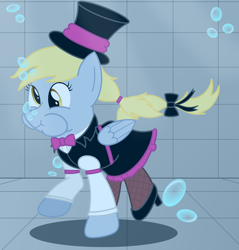 Size: 2200x2300 | Tagged: safe, artist:bladedragoon7575, derpibooru import, derpy hooves, pegasus, pony, bow, bowtie, bubble, clothes, female, fishnet stockings, hair bow, hat, holding breath, mare, puffy cheeks, solo, swimming pool, underwater