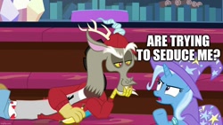 Size: 1280x720 | Tagged: safe, derpibooru import, edit, edited screencap, screencap, discord, trixie, draconequus, pony, unicorn, a matter of principals, female, grammar error, male, shipping, straight, text, trixcord