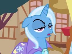 Size: 500x375 | Tagged: safe, derpibooru import, screencap, trixie, pony, unicorn, boast busters, cape, clothes, cropped, faic, open mouth, trixie is not amused, trixie's cape, unamused