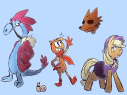 Size: 564x423 | Tagged: artist needed, safe, derpibooru import, applejack, earth pony, pony, wolf, clothes, coat, crossover, missing accessory, mittens, scarf, snail, socks, sylvia, wander (wander over yonder), wander over yonder