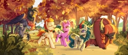 Size: 1024x444 | Tagged: safe, artist:nancy-05, derpibooru import, gallop j. fry, georgia (character), luster dawn, earth pony, griffon, kirin, pony, unicorn, yak, the last problem, autumn, eyes closed, female, flying, male, mare, nose piercing, nose ring, open mouth, piercing, river song (character), running of the leaves, scenery, smiling, spread wings, stallion, tree, wings, yelena