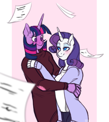 Size: 1280x1436 | Tagged: safe, artist:tsetsera, derpibooru import, rarity, twilight sparkle, anthro, blushing, clothes, female, gloves, height difference, hug, lesbian, looking at each other, paper, rarilight, shipping, simple background, sweater, turtleneck