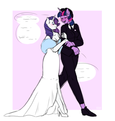 Size: 1280x1348 | Tagged: safe, artist:tsetsera, derpibooru import, rarity, twilight sparkle, anthro, blushing, breasts, cleavage, clothes, eyes closed, facing each other, female, formal wear, hat, high heels, indiscernible, lesbian, rarilight, shipping, shoes, simple background, speech bubble, talking