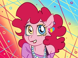 Size: 1000x750 | Tagged: dead source, safe, artist:smol_andriusha, derpibooru import, pinkie pie, earth pony, pony, abstract background, bust, clothes, ear piercing, eyelashes, heterochromia, jewelry, lipstick, necklace, pansexual pride flag, pearl necklace, piercing, pride, pride flag, solo