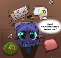Size: 3000x2865 | Tagged: safe, artist:cornelia_nelson, derpibooru import, princess luna, alicorn, pony, bronybait, colored pencils, commission, cushion, cute, dialogue, female, filly, looking at you, looking up, looking up at you, lunabetes, sitting, solo, woona, ych example, younger, your character here