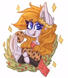 Size: 1792x2048 | Tagged: safe, artist:tizhonolulu, derpibooru import, oc, oc:cookie byte, pegasus, pony, bust, clothes, cookie, food, ornament, pegasus oc, scarf, solo, wing hands, wings