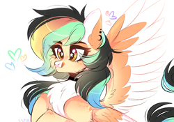 Size: 5000x3500 | Tagged: safe, artist:lazuli, derpibooru import, oc, oc only, pegasus, pony, bust, chest fluff, choker, ear piercing, eyelashes, heart, licking, licking lips, pegasus oc, piercing, signature, solo, starry eyes, tongue out, two toned wings, wingding eyes, wings