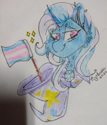 Size: 1402x1649 | Tagged: safe, artist:tizhonolulu, derpibooru import, trixie, unicorn, flag, pride, pride flag, solo, trans trixie, transgender, transgender pride flag