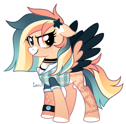 Size: 1839x1804 | Tagged: safe, artist:lazuli, derpibooru import, oc, oc only, pegasus, pony, choker, clothes, colored hooves, eyelashes, heterochromia, pegasus oc, signature, simple background, solo, transparent background, two toned wings, wings