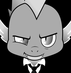 Size: 2413x2486 | Tagged: safe, artist:lluminus, derpibooru import, spike, dragon, black and white, clothes, fangs, grayscale, high res, looking at you, male, monochrome, necktie, smiling, smirk, smug, solo, suit